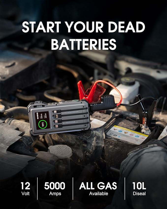 Solar Jump Starter 44400 mWH, 45W Fast Charging with 4 Built-in Cables & Car Battery Jumper Starter Portable, 12V Battery Booster Pack with Smart Display,Gift for Men, Gray