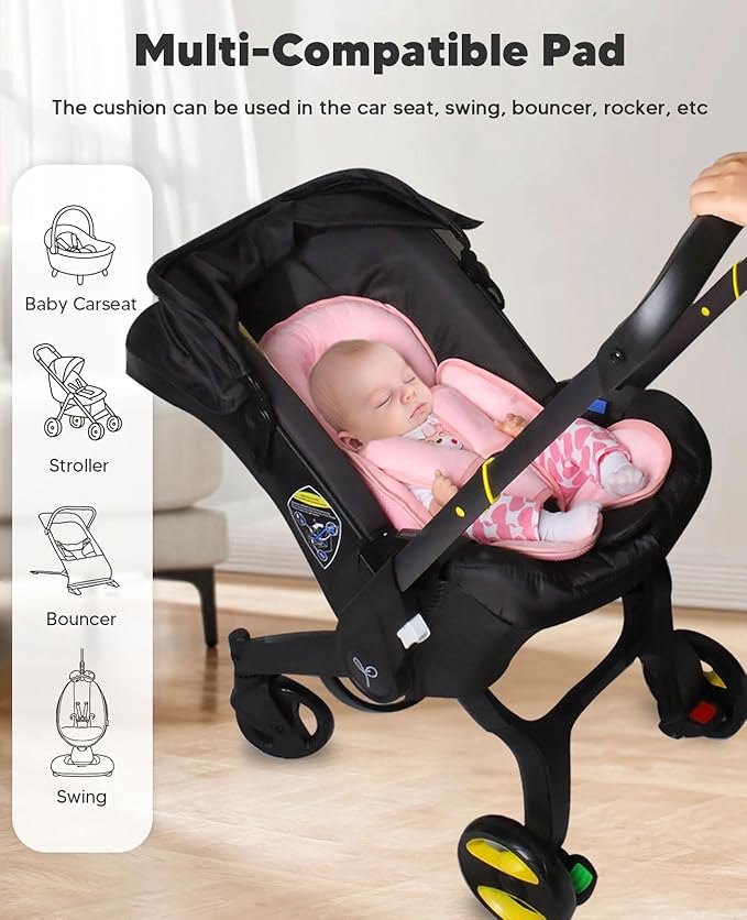 Infant Car Seat Insert for Newborn Girls Boys, 3 in 1 Reversible Cushion for Carseat with Strap Pads Buckle Cover Extra Soft Carseat Support Pad for All Season, Pink