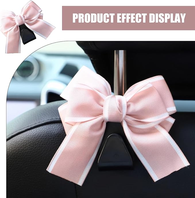 2 Pack Car Seat Headrest Hooks, Cute Bow Design Backseat Hook Storage Organizer for Purses, Handbags, Coats, Umbrellas, Cute Car Accessories for Women and Girls (Pink)