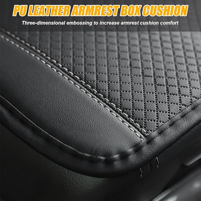 Car Armrest Seat Box Cover, Comfortable Leather Automotive Center Console Cushion Pad, Soft Waterproof Vehicle Arm Rest Protector Mat Accessories, Universal for RV, SUV, Truck (Black/Gray)