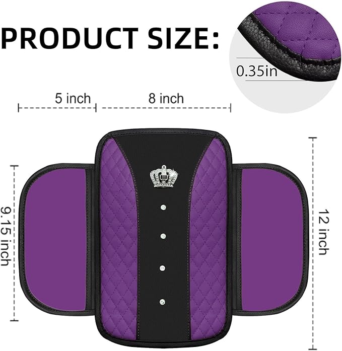 NBTEPEM Bling Crown Car Center Console Armrest Cover, Leather Middle Console Cover Cushion with 2 Storage Bags, Car Armrest Storage Box Interior Accessories for Most Vehicles(Purple)