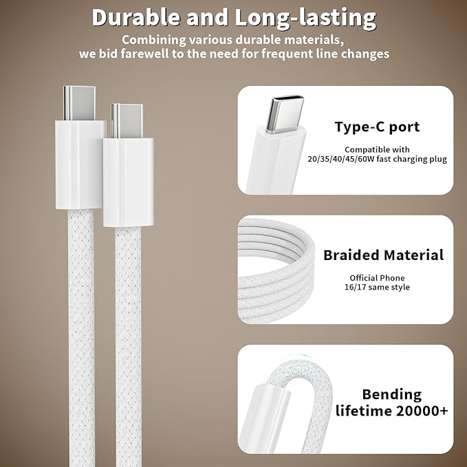 iPhone 17 16 15 Charger Fast Charging, 2Pack 40W-60W Dynamic PD USB C Charger Block Type C Charge with USB C to C Fast Charging Cord Braid Cable for iPhone 17/Air/17 Pro/17 Pro Max/16/16 Pro/15 ProMax