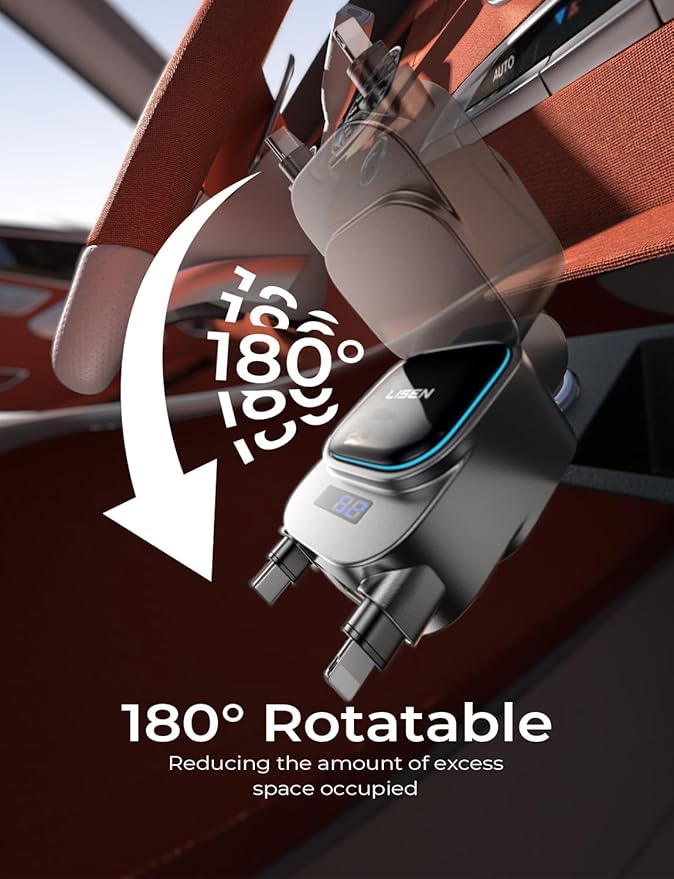 LISEN Only for Trucks 96W Fast Charging Retractable Car Charger[USB C Cable & L Cable], 4 in 1 Retractable Car Charger Fast Charging for iPhone 17 Pro Max 16 15 14 13, Samsung Galaxy S25/24,Grey