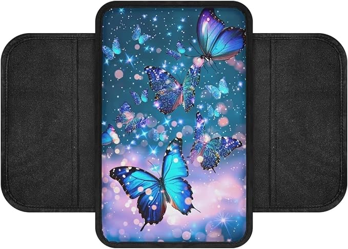 Blue Sparkling Butterfly Print Center Console Covers for Cars Soft Auto Armrest Storage Box Mat Non-Slip Car Armrest Cover Cushion Armrest Cover Center Console Pad