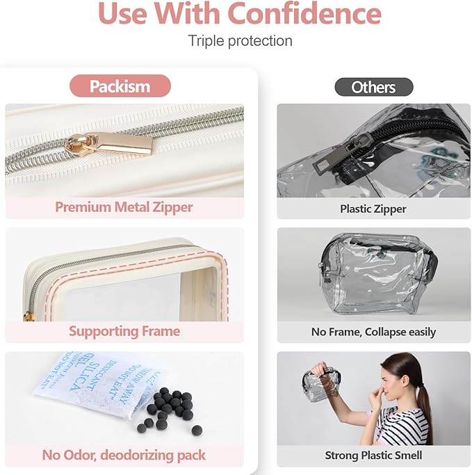 PACKISM Clear Makeup Bag - TSA Approved Toiletry Bag for Carry-on & Checked Luggage, Water Resistant Car Storage Organizer with Reinforced Seams