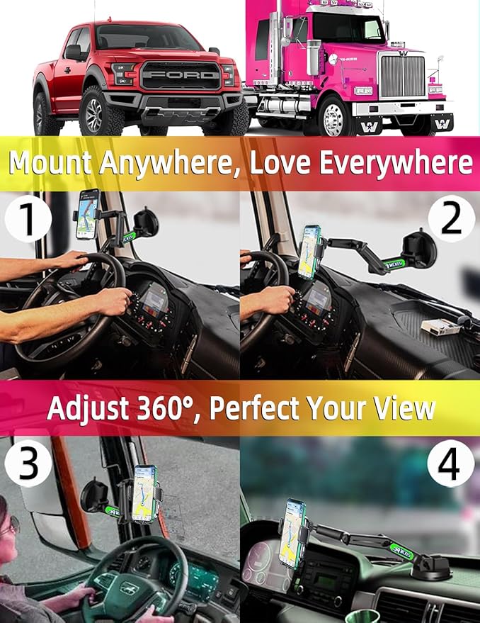Wireless Car Charger Phone Holder Mount for Truck, 15W Fast Charging 【15 inch Long Arm】 Heavy Duty Phone Holders for Your Car Windshield Dashboard Accessories, for iPhone 17 16 15 14 13 12