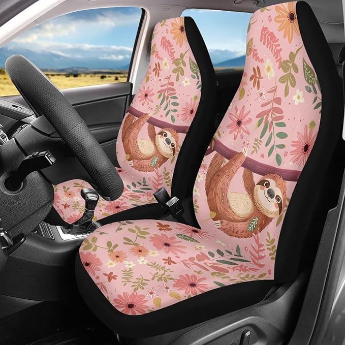 Cute Sloth Car Seat Cover Set of 2, Music Note Design Auto Accessories for Men Women, Soft Automotive Protective Interior Universal