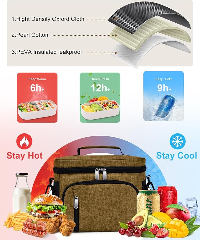 Insulated Lunch Bag for Men & Women, 9L Leakproof Lunch Box Soft Cooler Tote with 5 Pockets, 600D Oxford, EVA Lining, Adjustable Strap for Work, Picnic, Beach&Travel-Coffee