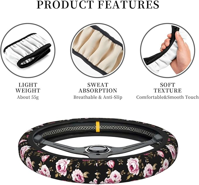 Peony Flower Steering Wheel Cover Women Men Elastic Stretch Soft Car Wheel Protector Universal Breathable No-Slip Car Accessories for Truck Van SUV Auto Fit 14-15 Inches