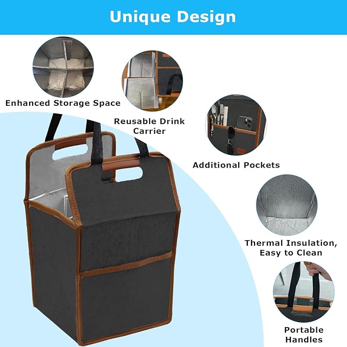 4 Cup Drink Carrier with Handle, Reusable Insulated Cooler Drink Caddy for Car Cup Holder, Foldable Coffee Carrier Bag with Adjustable Dividers, Portable for Car, Travel, Picnic Party, Food Delivery