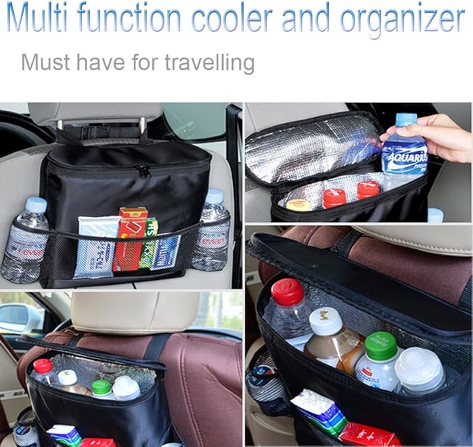 Car Seat Back Organizer, Auto Back Seat Hanging Insulation Multi- Pocket Travel Storage Cooler Bag Heat-Preservation Insulated Wrap Bottle Bag with Mesh Pockets