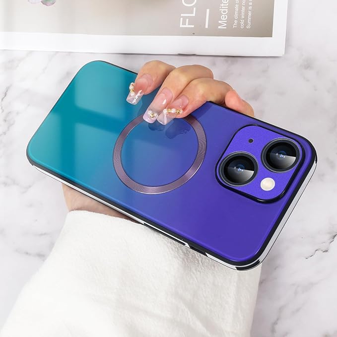 Guppy Compatible with iPhone 15 Plus Case Magnetic, with Full Camera Lens Protector [Compatible with MagSafe] Scratch Resistant Gradient Glass Back Cover Phone Case-Purple