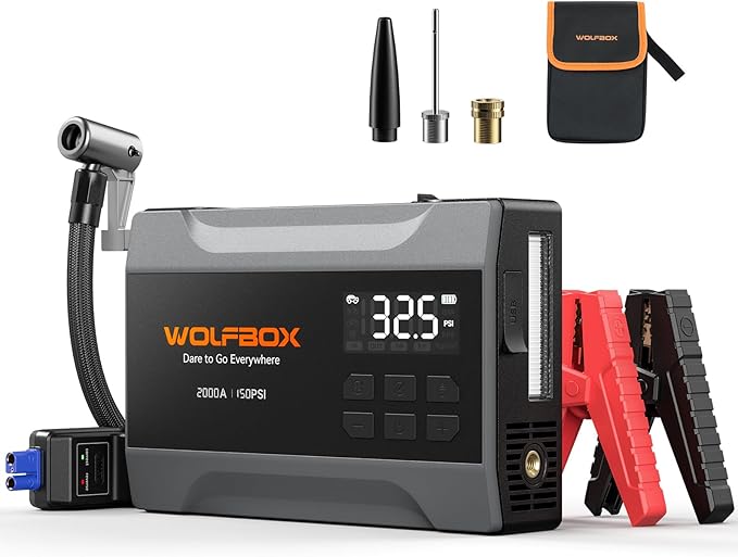 WOLFBOX 2000A Jump Starter with Air Compressor, 37Wh Car Battery Jumper Starter Portable (up to 5L Gas Engine) with 150PSI Tire Inflator, 12V Jump Box with Jumper Cables, Boost, LED Light