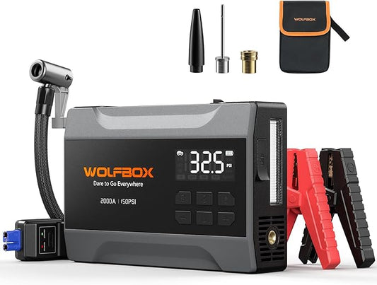 WOLFBOX 2000A Jump Starter with Air Compressor, 37Wh Car Battery Jumper Starter Portable (up to 5L Gas Engine) with 150PSI Tire Inflator, 12V Jump Box with Jumper Cables, Boost, LED Light