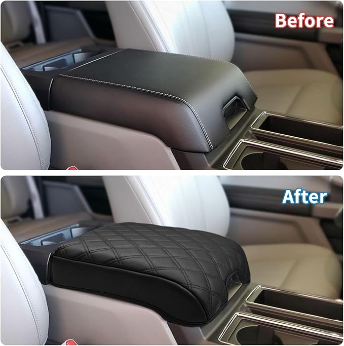 Xaido Center Console Cover for 2015-2020 Ford F150 / 2017-2022 F250 F350 F450 & 2018-2024 Expedition, Leather Armrest Protector Pad (Bucket Seat Only)