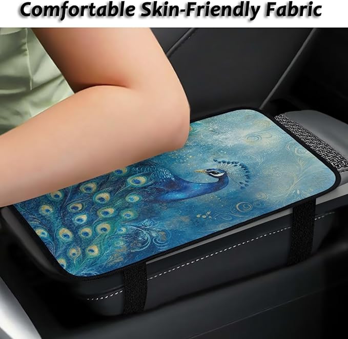 Blue Peacock Armrest Cover Full Coverage Car Arm Rest Cushion Washable Middle Console Lid Cover Pad Protector Elbow Universal Fits Most Cars, SUVs, Trucks and Vans