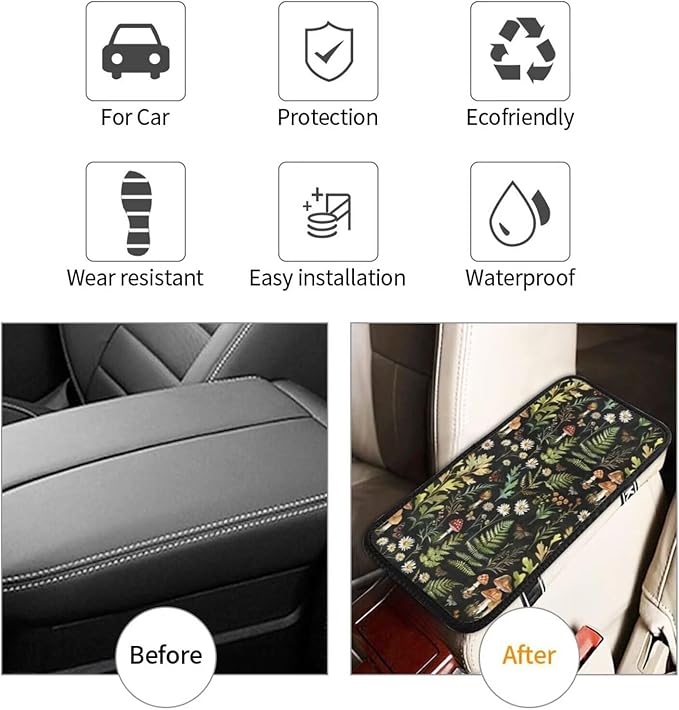 Car Armrest Cushion Pad Mushroom Center Console Cover Boho Green Car Accessories Interior Organizers Auto Center Console Arm Rest Covers