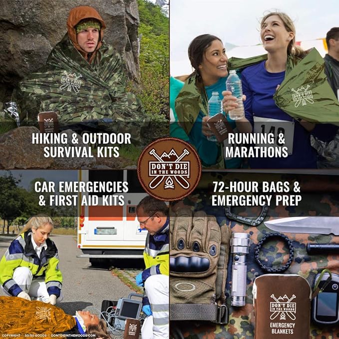 Don't Die In The Woods - Freakin’ Huge Emergency Blankets [4-Pack] Extra Large Thermal Mylar Space Blanket - One of The Ten Essentials Outdoor Survival Gear for Hiking Camping First Aid Kit (Green)