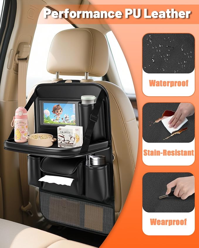 2 Pack Leather Car Backseat Organizer with Foldable Table Tray, Garbage Bag Hook, Protector Kick Mats for Kids, 8 Large-Capacity Pocket, Universal Car Seat Protector for Kids, Pets & Travel