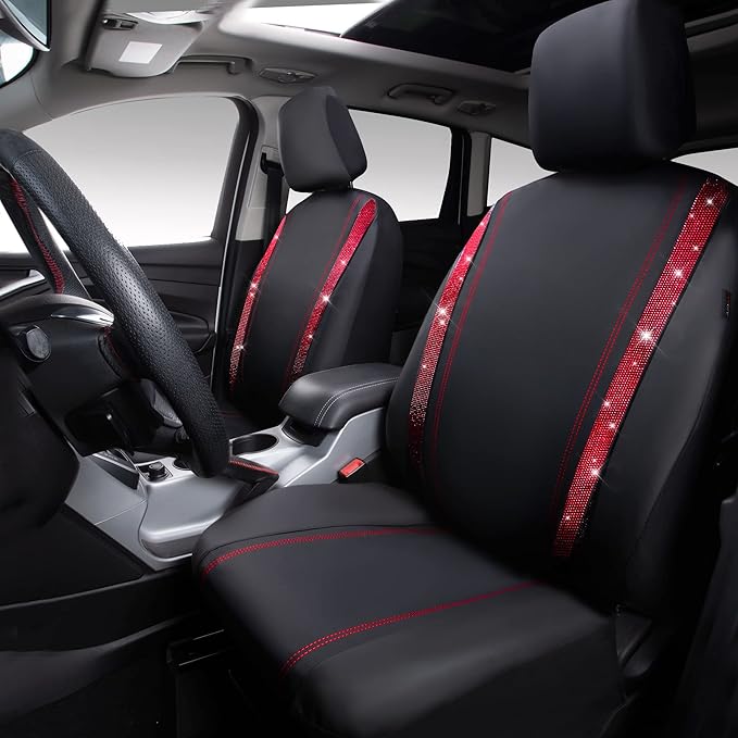 CAR PASS Leather Bling Diamond Car Seat Covers 2 Front Interior Sets, Waterproof Universal Shining Glitter Crystal Sparkle Fit for 95% Automotive Truck SUV Cute Women Girl, Black Red Rhinestone