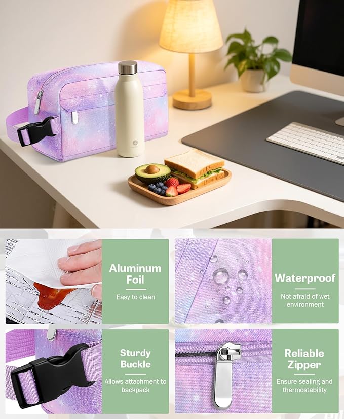 Small Insulated Snack Bag Lunch Bag for Kids Lunch Box for Women/Men, Collapsible [3L/5-Can] Reusable Lunch Bag Cooler Bag for Bottle with Handle Buckle for Work/School/Travel,Pink Starry Sky