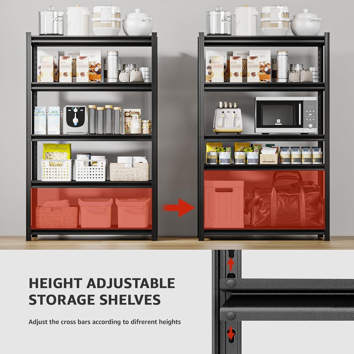 72" H Metal Garage Storage Shelves, 5 Tier Adjustable Shelving Unit for Warehouse, Office, Kitchen, Pantry, Living Room, Laundry Room, 35.43" W x 15.75" D, Load 2500 LBS, Black