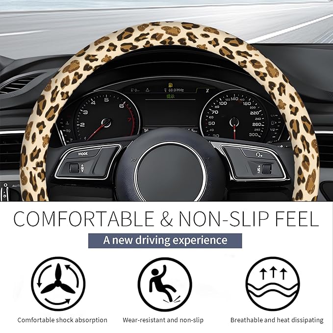 Steering Wheel Covers for Car, Truck, and SUV, Cute Non-Slip Breathable Elastic Steering Wheel, Car Accessories, Universal 15 Inch Leather Cover for Men Women Brown Leopard