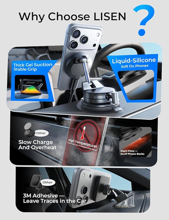 LISEN 15W Magsafe Car Mount Charger, Magnetic Wireless Car Charger, Suction Phone Mount, Vacuum Magnetic Phone Holder for Car Charger for iPhone 17 Pro Max 16 15 14 13 12, Samsung,Pixel, Gifts for Mom
