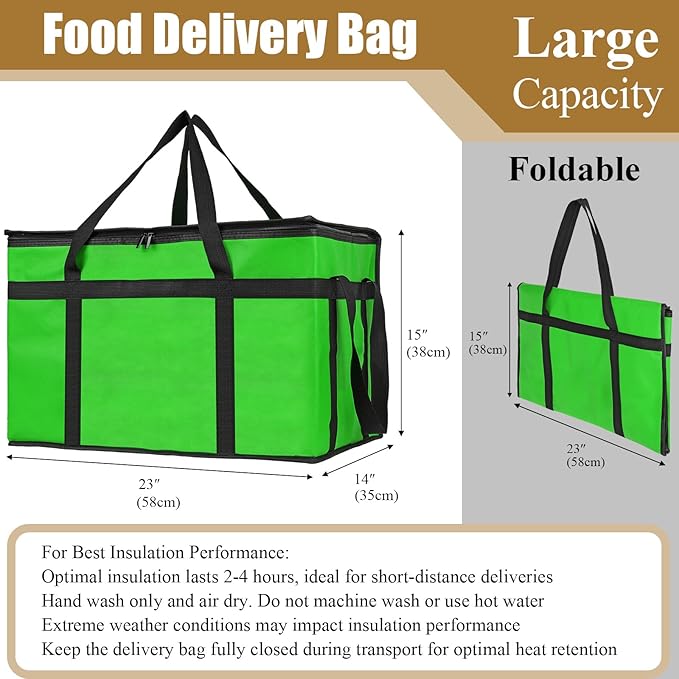 PEASUG Insulated Bags for Food Delivery, XXXL Pizza Delivery Bags, Large Capacity Cooler Bag Keep Food Warm for Grocery Shopping and Catering, Foldable, Heavy-Duty (Green)