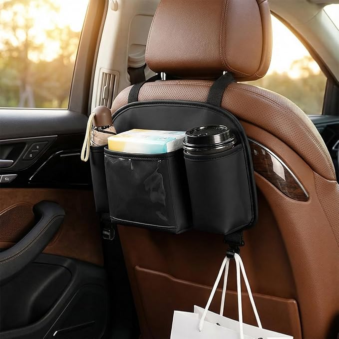 Craedli 3 in 1 Car Back Seat Organizer with Cup Holder & Hook, Multifunctional Car Seat Back Storage Box for Hold Phone Drinks Handbag, Auto Interior Organizer Travel Accessory with Tissue Box (Black)
