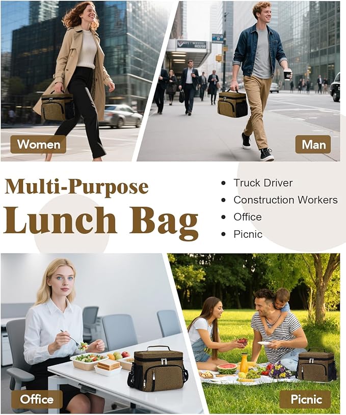 Insulated Lunch Bag for Men & Women, 9L Leakproof Lunch Box Soft Cooler Tote with 5 Pockets, 600D Oxford, EVA Lining, Adjustable Strap for Work, Picnic, Beach&Travel-Coffee