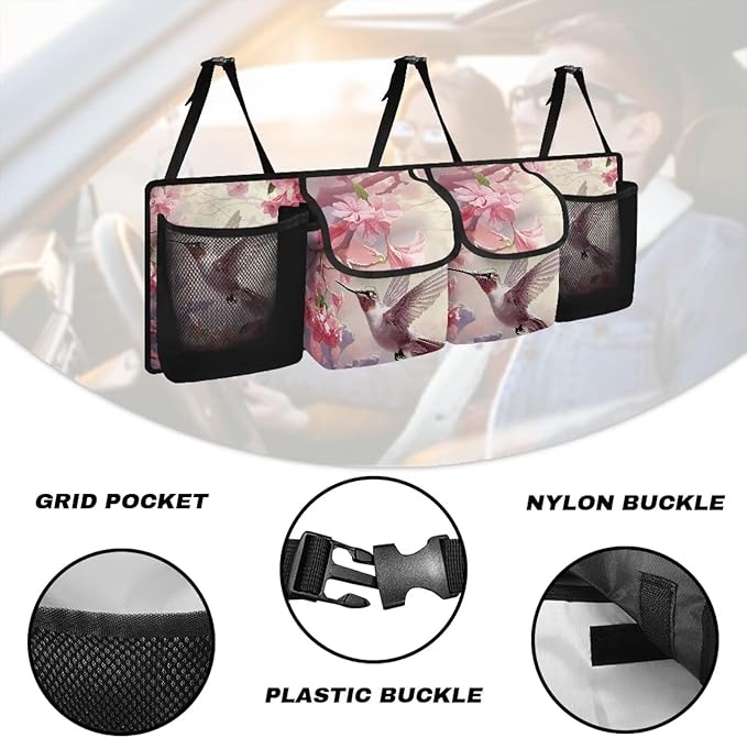 Pink Hummingbird Print Car Trunk Organizer, Foldable Auto Back Seat Storage Bag with 4 Pockets Universal Hanging Car Trunk Accessories for Most SUVs Sedans Trucks