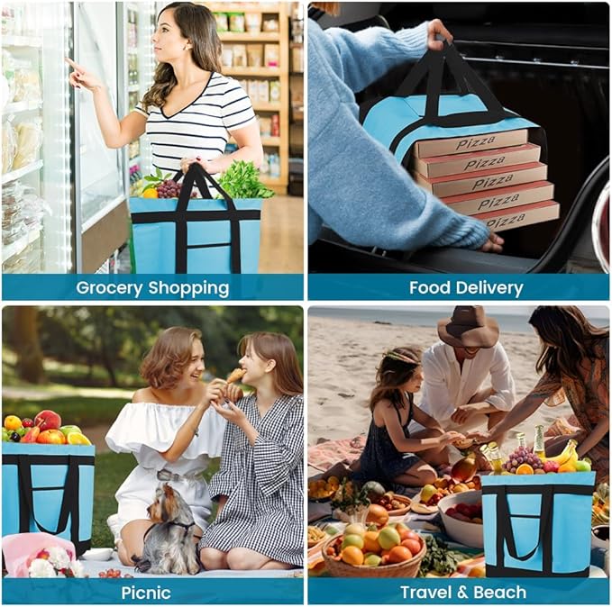 mosago 2PK Reusable Grocery Tote Bags, Insulated Cooler Shopping Bag for Women, Pizza/Food Delivery Bags to Keep Food Hot/Cold for Commercial Food Transport, Cooler Bag for Travel/Picnic, Collapsible