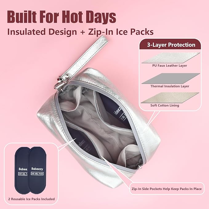Insulated Makeup Bag with 2 Reusable Ice Packs Heat-Resistant Cosmetic Travel Pouch, Silver Vegan Leather Organizer with Water-Resistant Double Zipper & Wrist Strap(Small: 7.5 x 4.0 x 5.0 in)