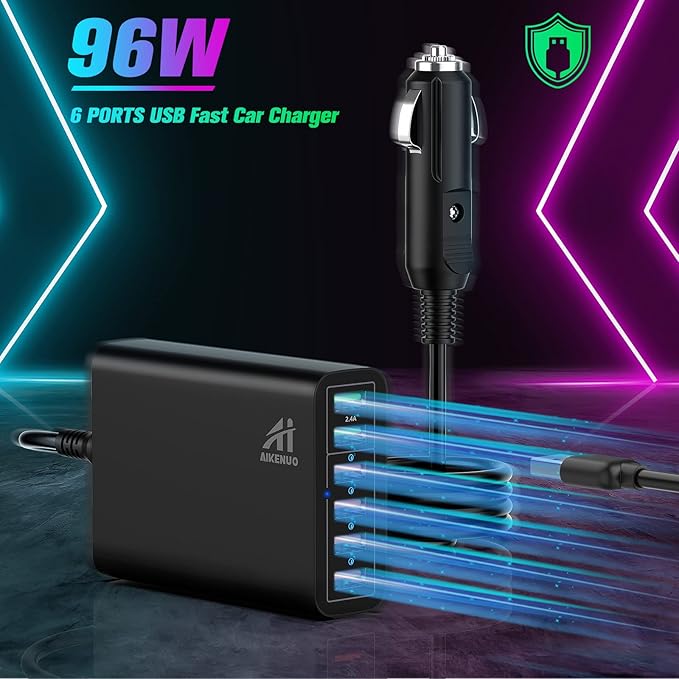 Multi Ports USB Car Charger, 96W 6 Port QC3.0 Fast Adapter Multiple Ports, with Four Quick Charge 3.0 Port, 12V-24V Multi Device Cigarette Lighter for Smart Phone & Tablets Charging