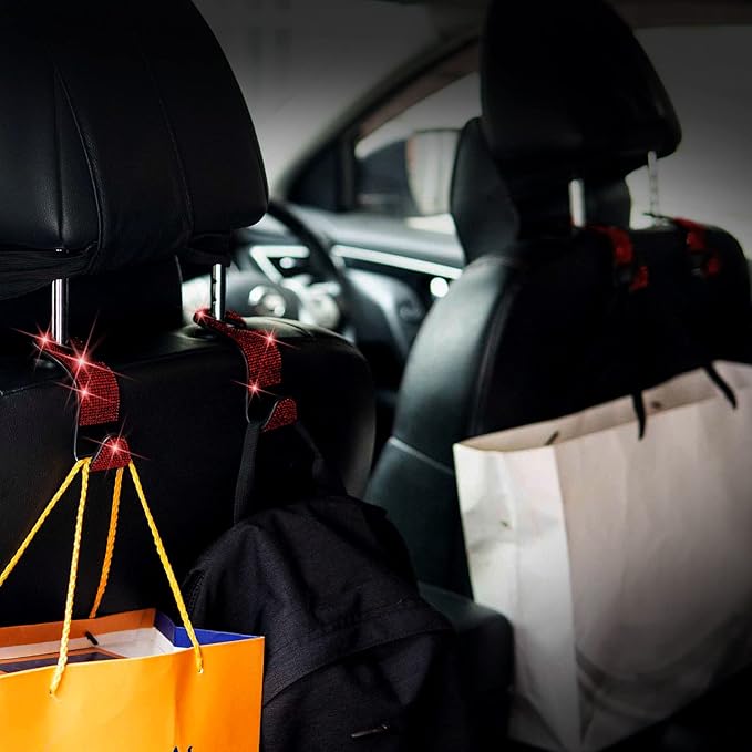 Car Purse Hook Bling Car Headrest Hook for Women Girls, 4 Packs Auto Back Seat Hangers Rear Headrest Hooks for Purse, Bag, Handbag, Grocery (Red)