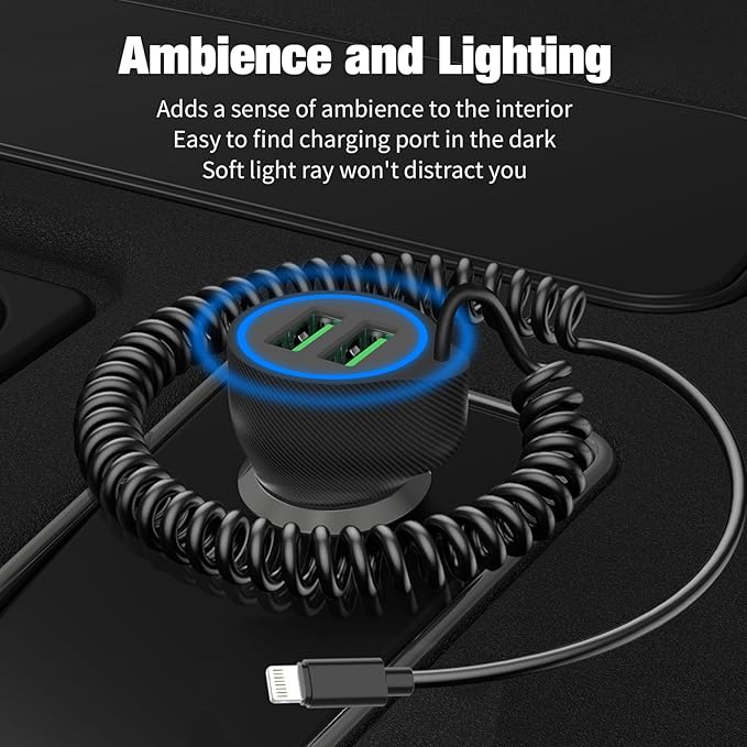 [Apple MFi Certified] USB Car Charger Plug, Aymla Dual Port Coiled Cord Auto Cigarette Lighter Adapter with 5FT Coiled Lightning Cable for iPhone 14 Pro Max/14 Plus/14/13 Pro/13 Mini/12/11/XS/XR/8