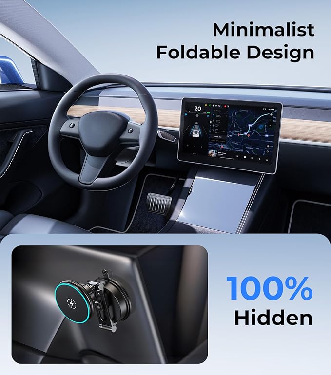 Certified Qi2 Car Phone Mount Charger for MagSafe, 360° Adjustable & Folding Arm, Universal Dashboard Windshield Mirror Screen Magnetic Holder for Tesla Model 3/Y Accessories & iPhone 17/16/15 Pro Max