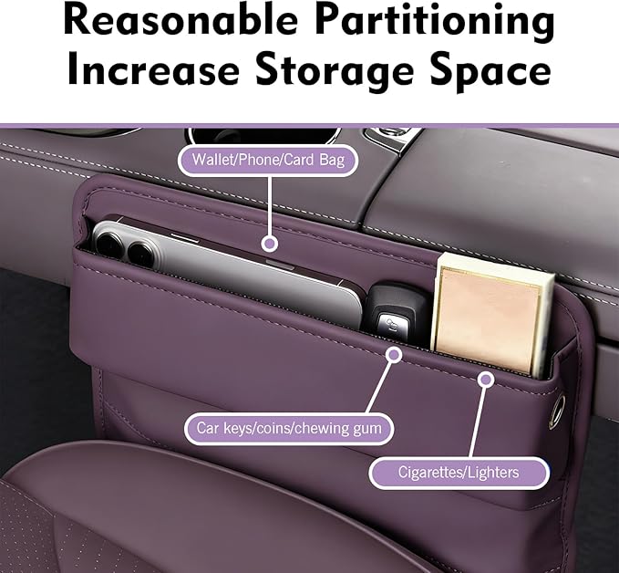 Leather Car Seat Gap Filler, Waterproof Anti-Slip Side Storage Pouch for Phones Keys Glasses Cards, Universal for Most Cars, SUVs, Trucks (Purple)