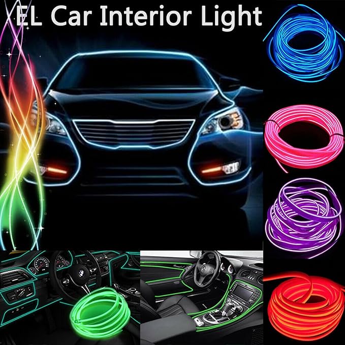 Riloer El Wire Lights for Car, Interior Neon Lights Strip Car LED Strip Light Interior for Car Garden Party Decoration, Car Ambient Lighting Kits, 2m/6.5ft Blue LED