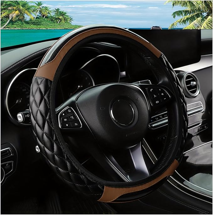Car Steering Wheel Cover, 14.5-15inch Leather Anti-Slip Car Wheel Cover Protector, Safety Comfortable Desgin, Universal Auto Steering Wheels Accessories for Cars Truck SUV (Brown)