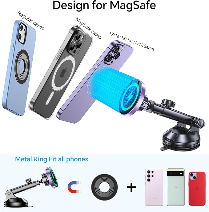 Coolpow for MagSafe Car Mount Charger【Ultra Magnet】 Magnetic Phone Holders for Your Car Charger【Windshield+Vent+Dash】 Magnetic Wireless Car Phone Holder Charger Car Mount for iPhone 17 (Purple)
