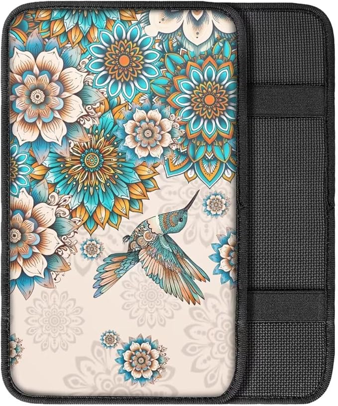 Coldinair Boho Flower Car Center Console Pad,Hummingbird Auto Interior Accessories Decoration,Auto Armrest Cover Protector for Most Vehicle, SUV, Truck, Car