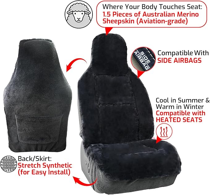 Aegis Cover Premium Australian Merino Sheepskin Car Seat Cover, Easy-Install Summer & Winter Universal Fit for SUV Truck Sedan Most Vehicles (FS-Charcoal)