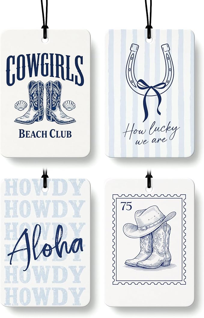 Blue Western Coastal Car Air Freshener 4 Pcs, Preppy Horseshoe Cowgirl Boots Hat Beach Hanging Air Freshener for Closet Drawer Books, Western Beachy Car Accessories Mirror Decor for Women