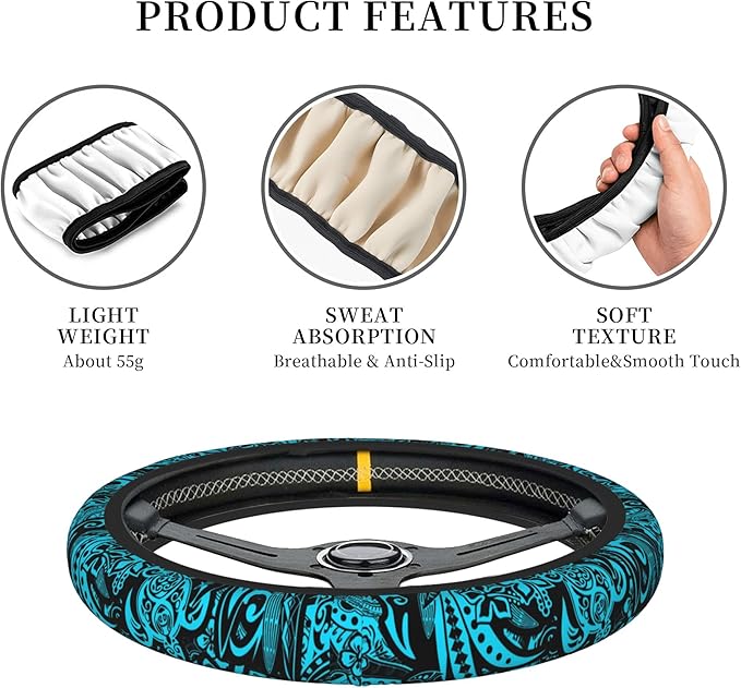 Hawaiian Polynesian Teal Tribal Car Steering Wheel Cover for Women Men 14-15 Inch Stretch Cloth Anti-Slip Wrap Protector Case Fit Universal Auto Accessories Decor Sweat Absorption