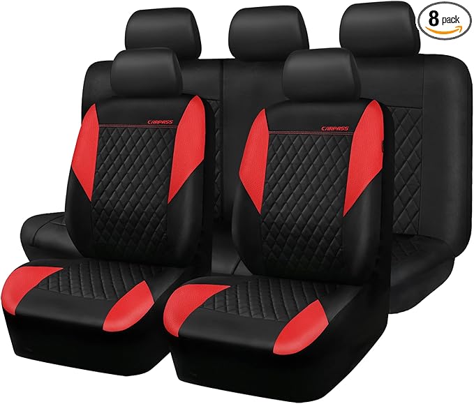 CAR PASS Red Leather Seat Covers Full Set-Universal Quilting Pretty Girly Car Seat Cover with 5mm Composite Sponge Inside,Airbag Compatible, Waterproof Delux Fit for Most Sedan,SUV,Cars (Full Set,Red)