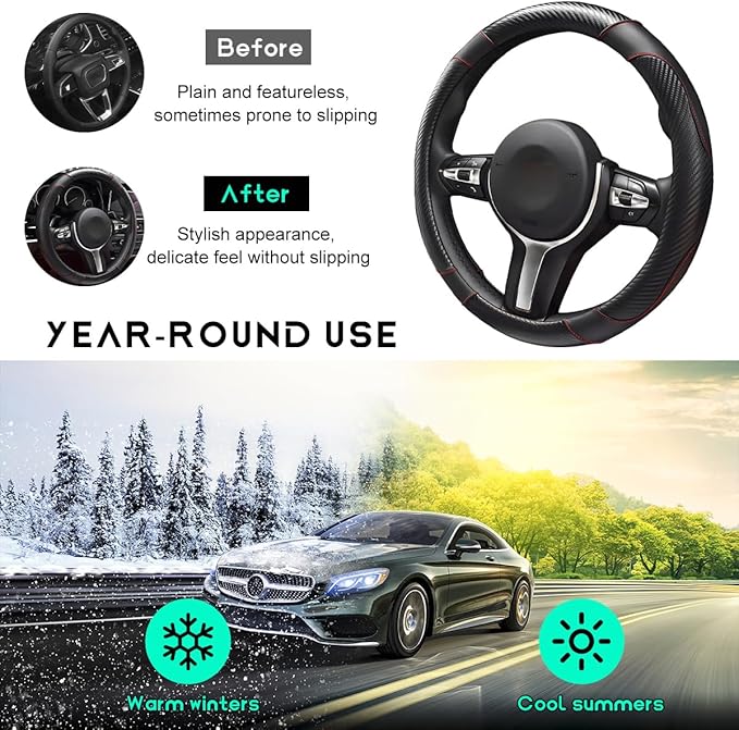 Car Steering Wheel Cover, 15 inch Carbon Fiber Microfiber Leather Elastic Steering Wheel Protector, Breathable Anti-Slip Comfortable Steering Wheel Covers for Most Cars (Black)