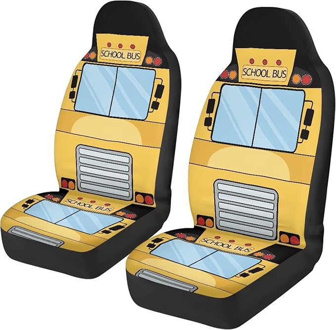 Car Seat Covers Set of 2 Universal Funny School Bus Front Seat Cover Fit for Cars Truck SUV Van, Stretch Polyester Fabric Cover Protection Interior Accessories, Easy to Install