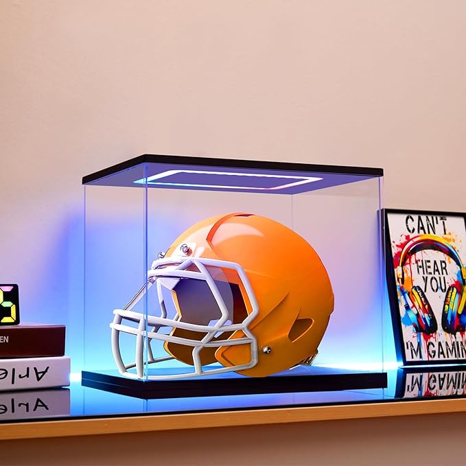 Football Helmet Display Case with Light, Multiple Color Lights Dustproof Protection Helmet Showcase for Collectibles Memorabilia Storage（15×11×12inch）